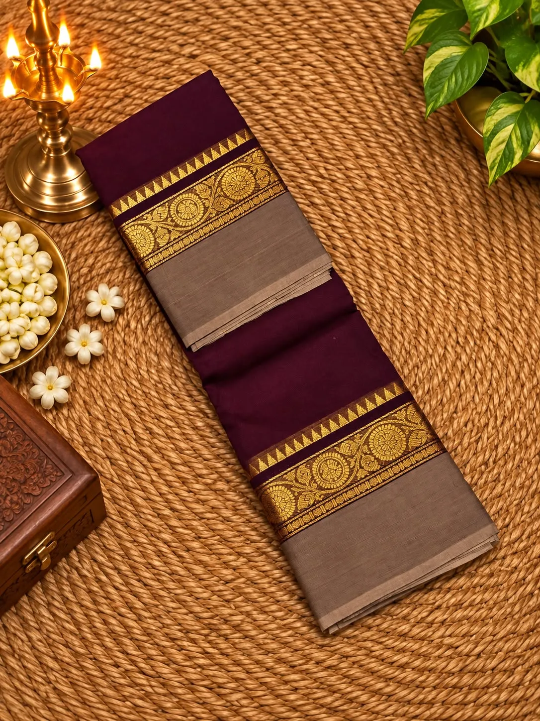kanchi cotton saree with Running Blouse- Small  Border- Maroon Colour with Biscuit border-kanchi Cotton-Trisha saree