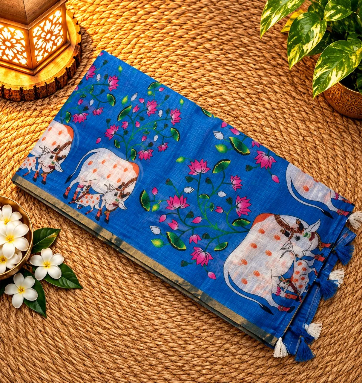 Linen Cotton Sarees - Linen (Cow) - Blue