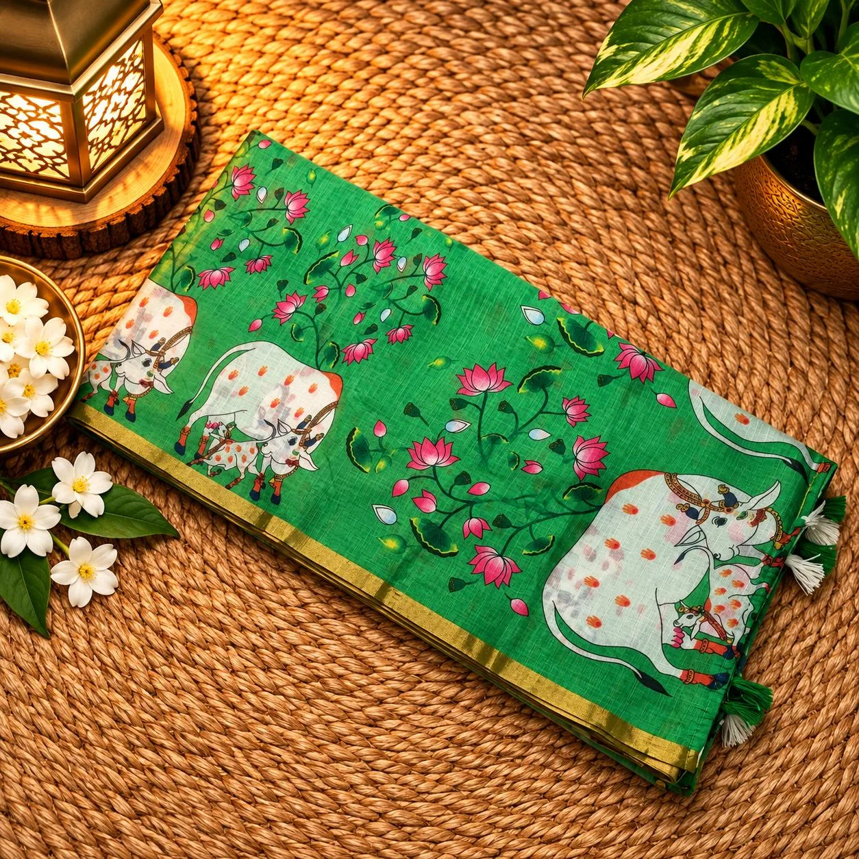 Linen Cotton Sarees - Linen (Cow) - Green