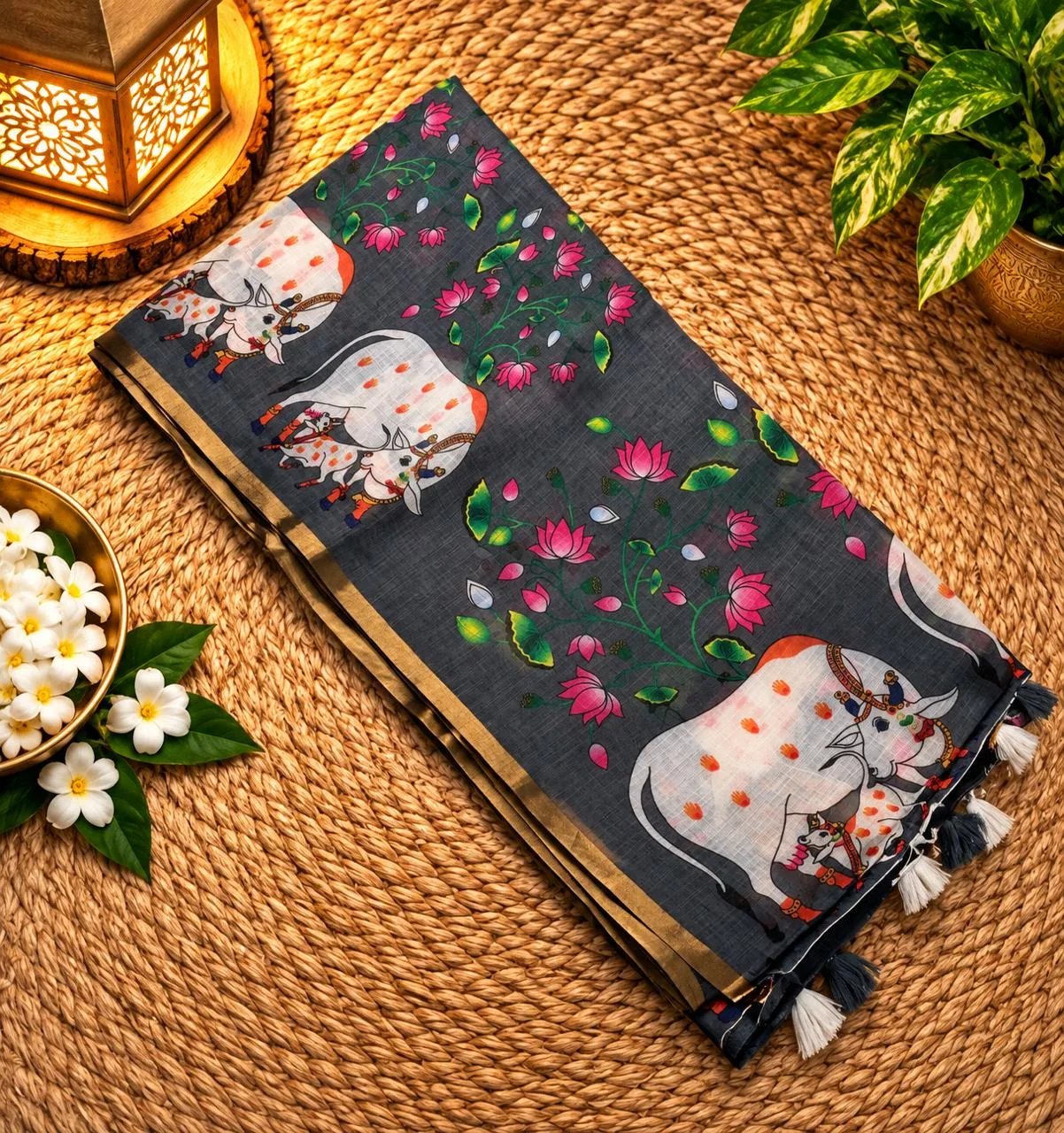 Linen Cotton Sarees - Linen (Cow) - Grey