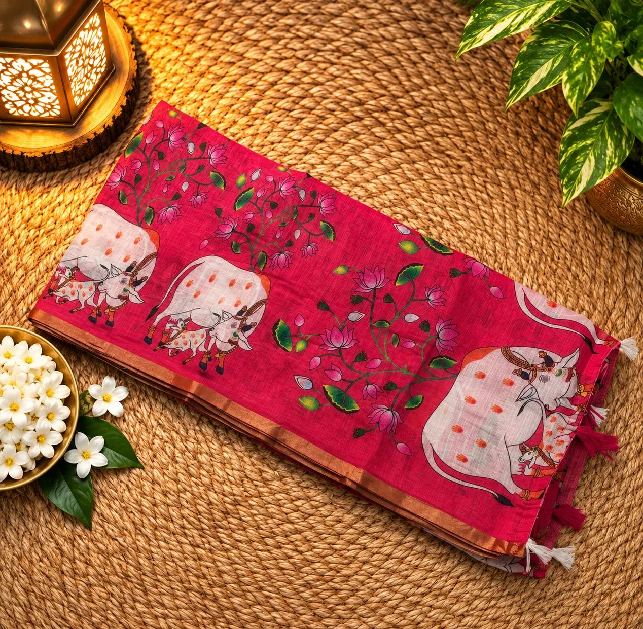 Linen Cotton Sarees - Linen (Cow) - Pink