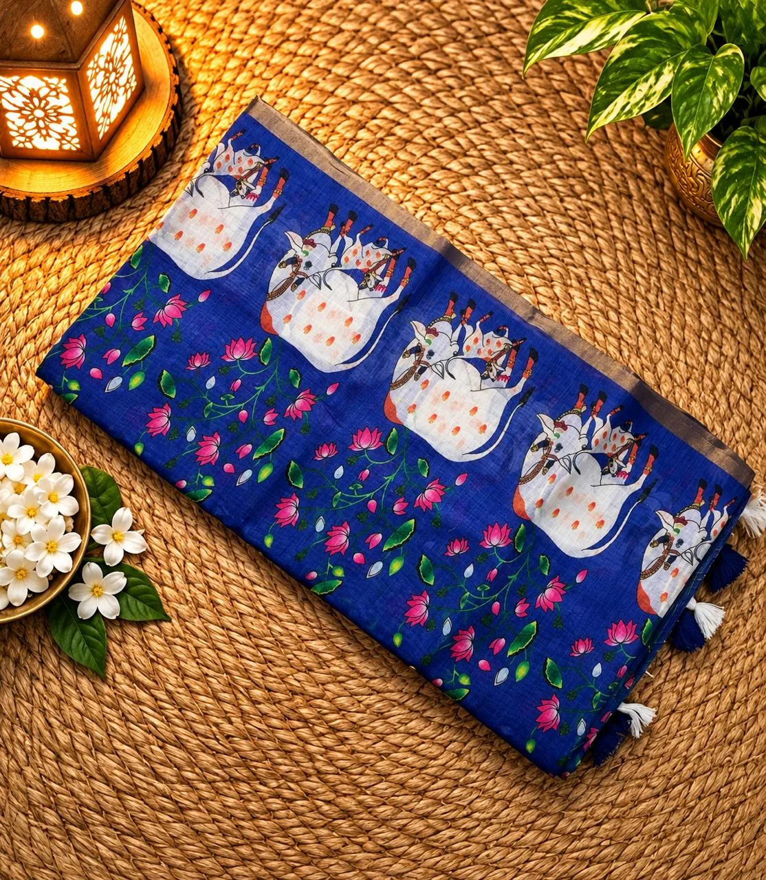 Linen Cotton Sarees - Linen (Cow) - Royal Blue