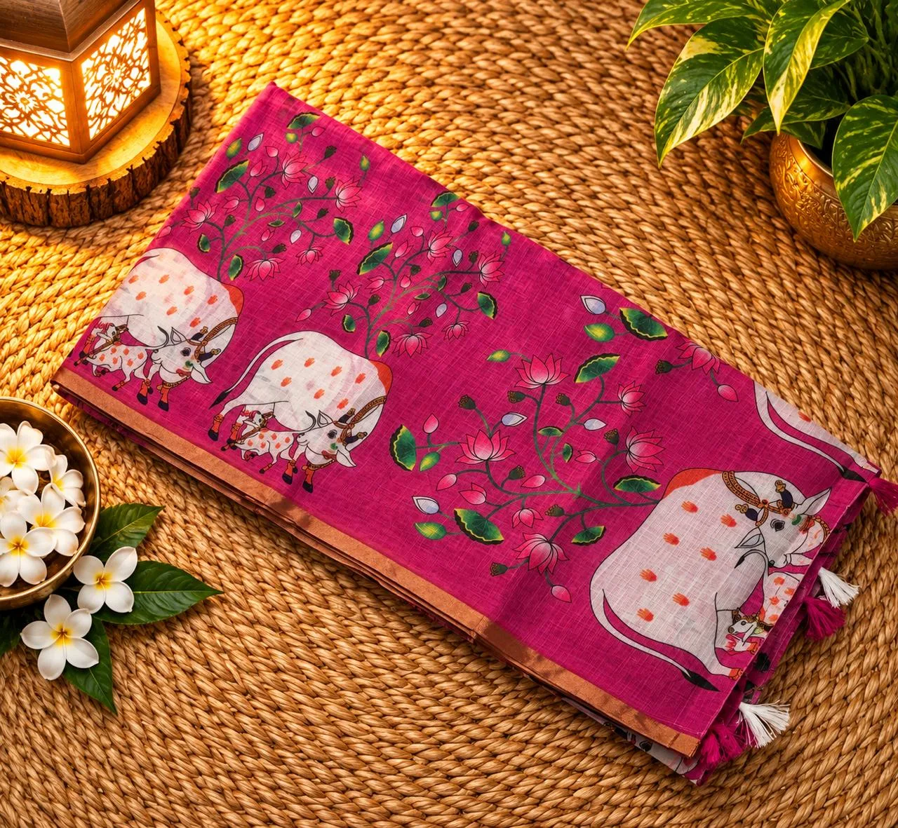 Linen Cotton Sarees - Linen (Cow) - Rani Pink