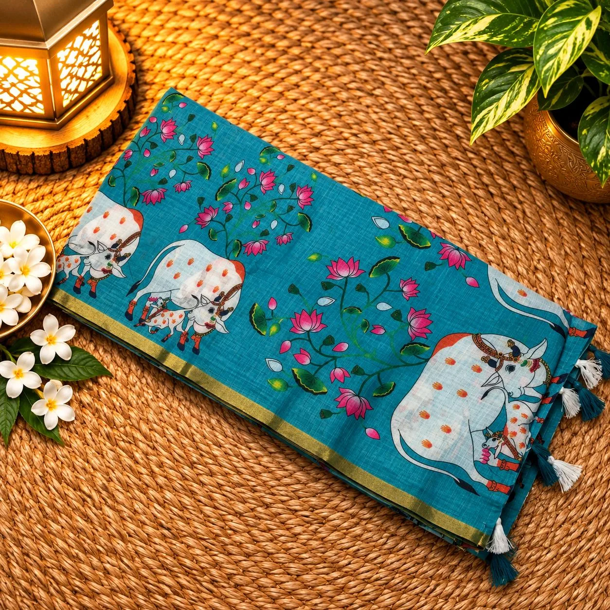 Linen Cotton Sarees - Linen (Cow) - Silver green