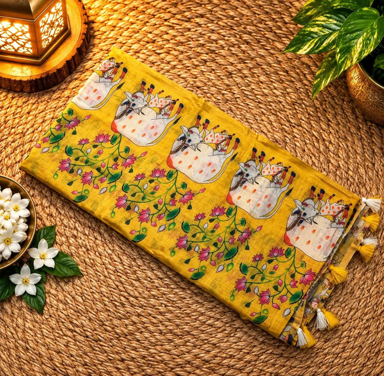 Linen Cotton Sarees - Linen (Cow) - Yellow