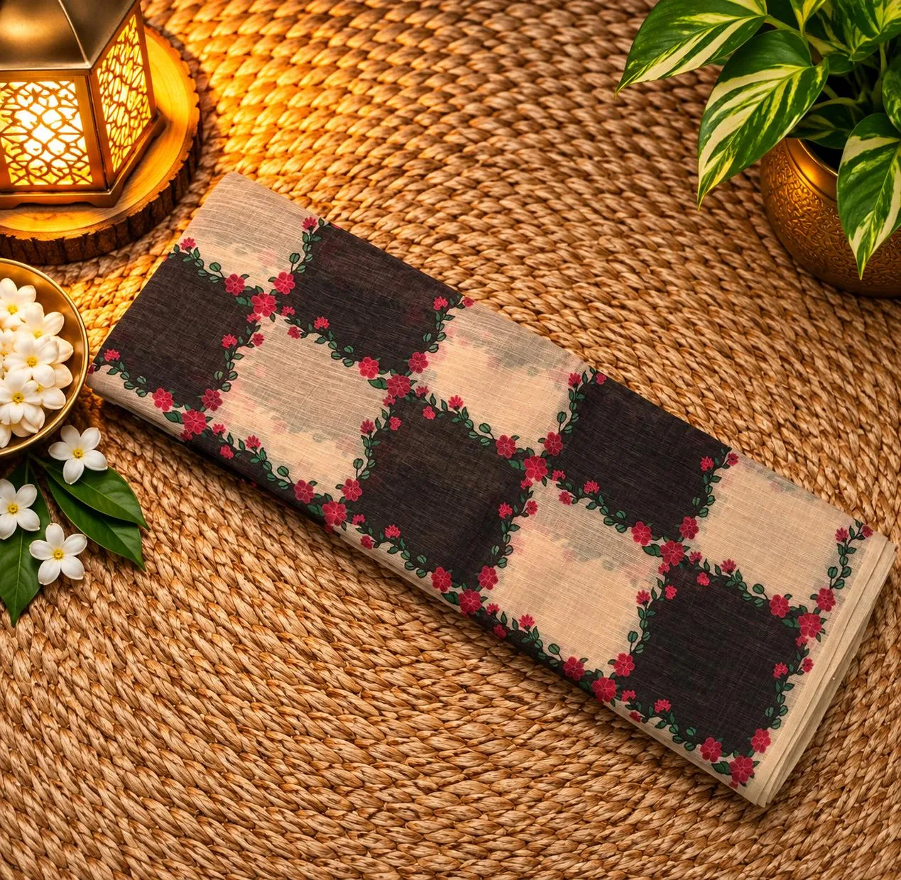 Linen Cotton Sarees - Linen (Flower) - Black and White