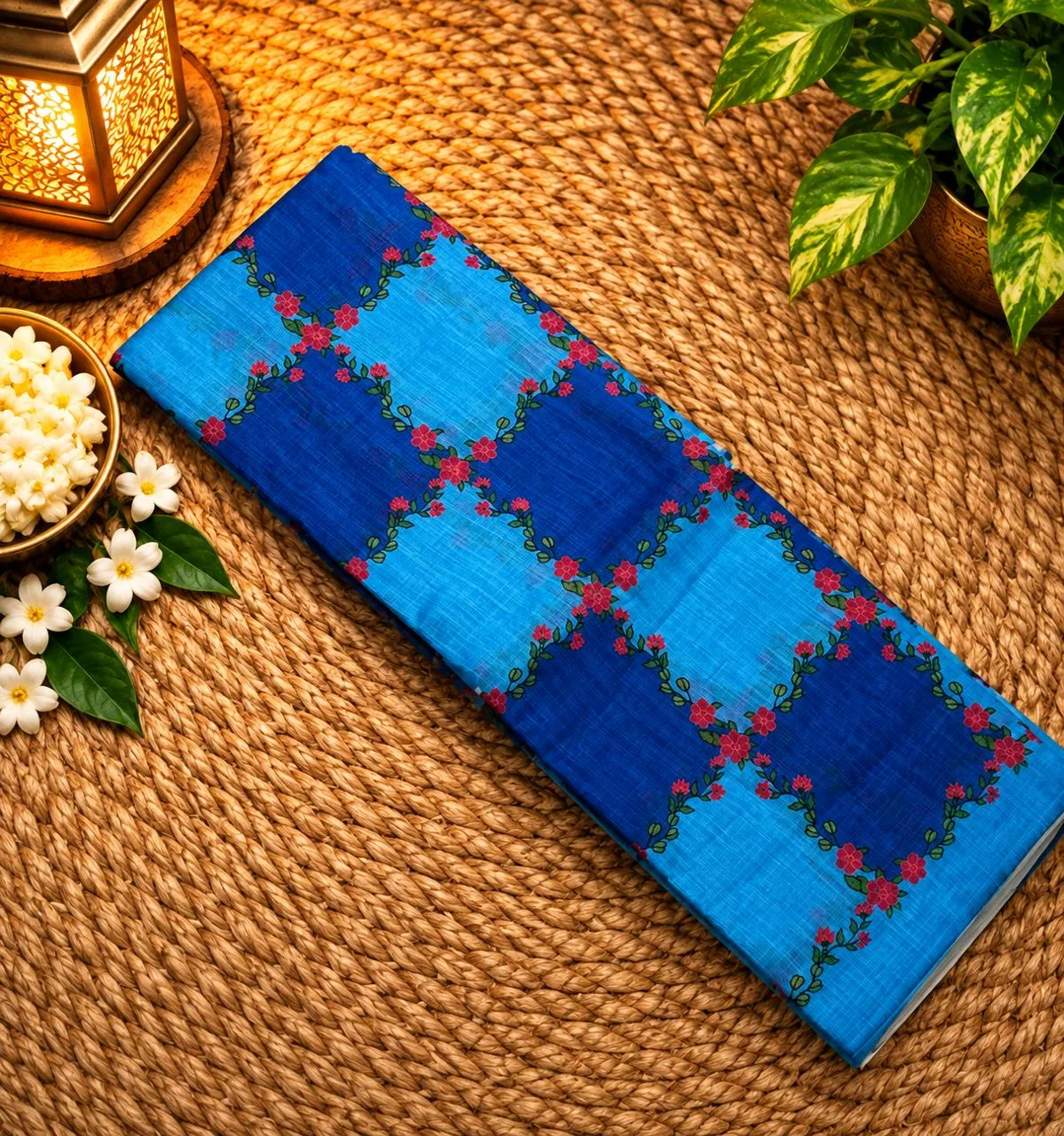 Linen Cotton Sarees - Linen (Flower) - Blue