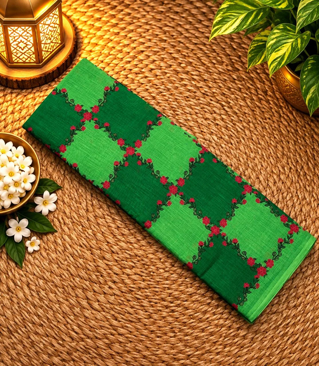 Linen Cotton Sarees - Linen (Flower) - Green