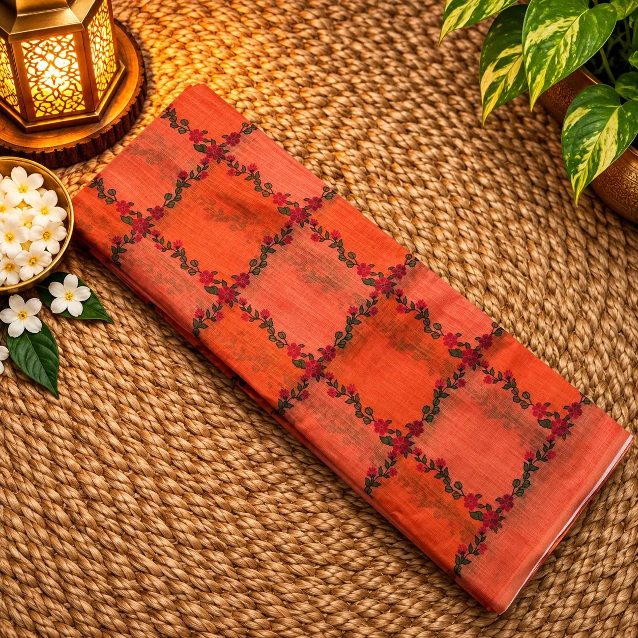 Linen Cotton Sarees - Linen (Flower) - Orange