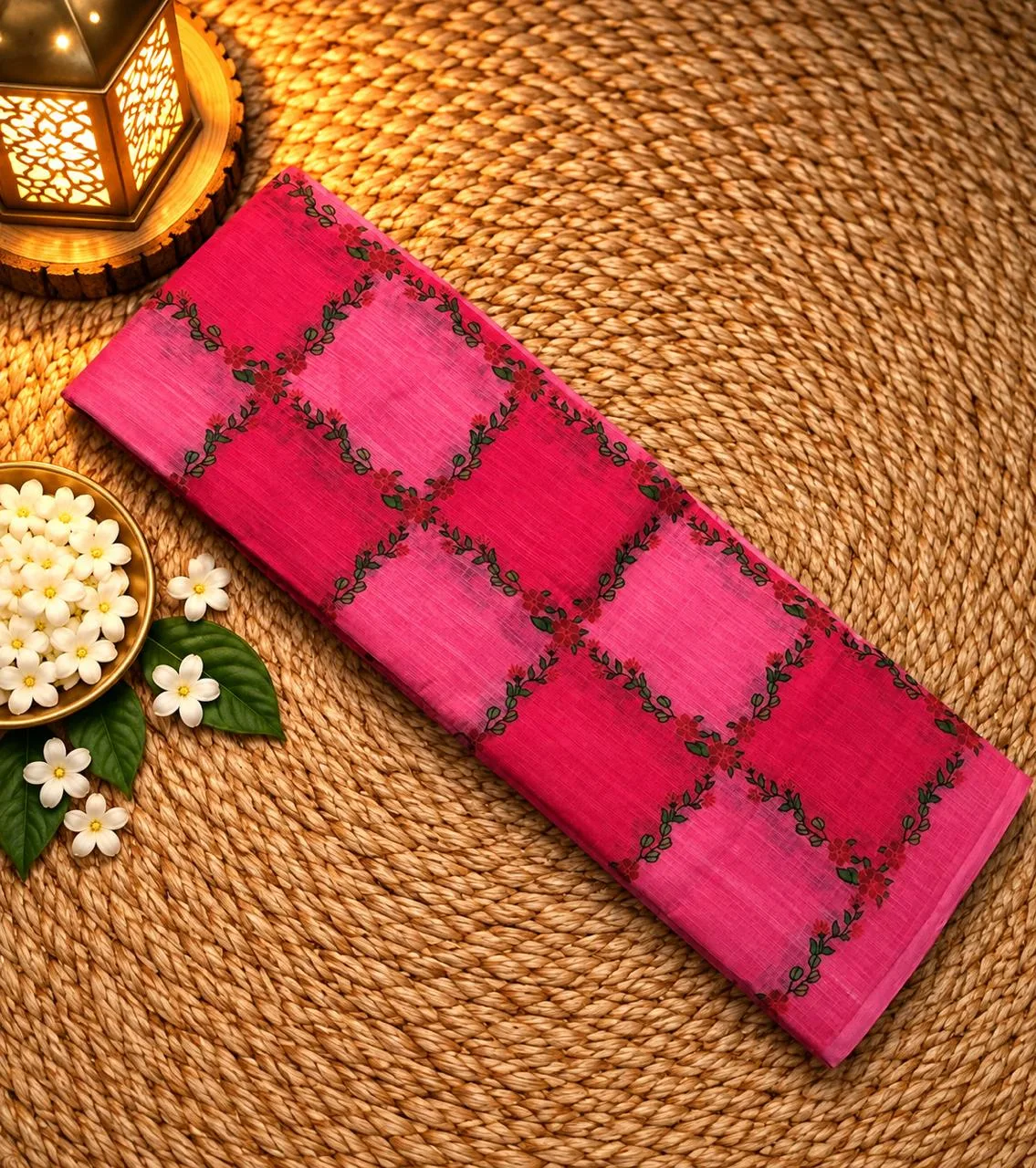 Linen Cotton Sarees - Linen (Flower) - Pink