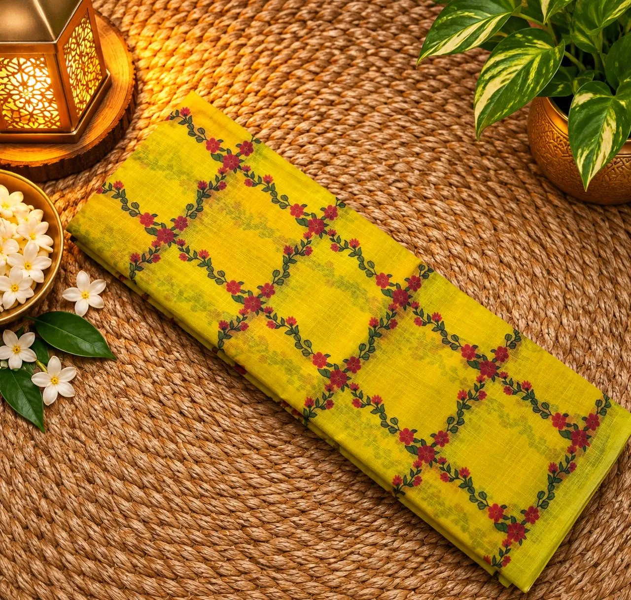 Linen Cotton Sarees - Linen (Flower) - Yellow