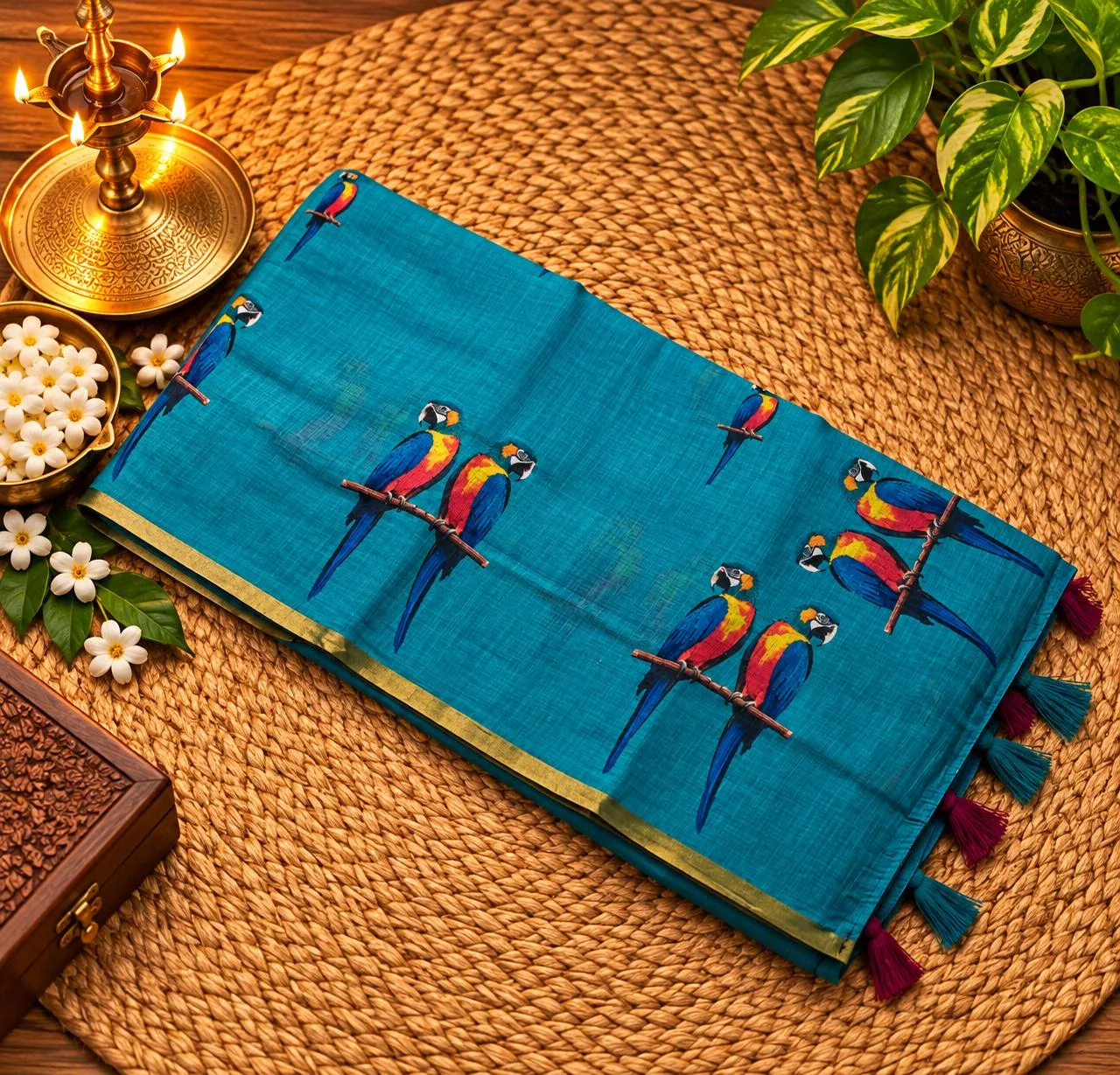 Linen Cotton Sarees - Linen (Parrot) - Ash