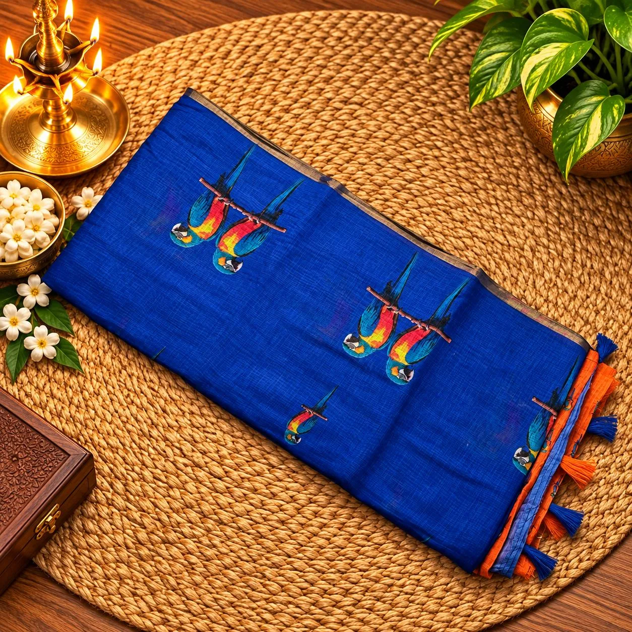 Linen Cotton Sarees - Linen (Parrot) - Ink blue