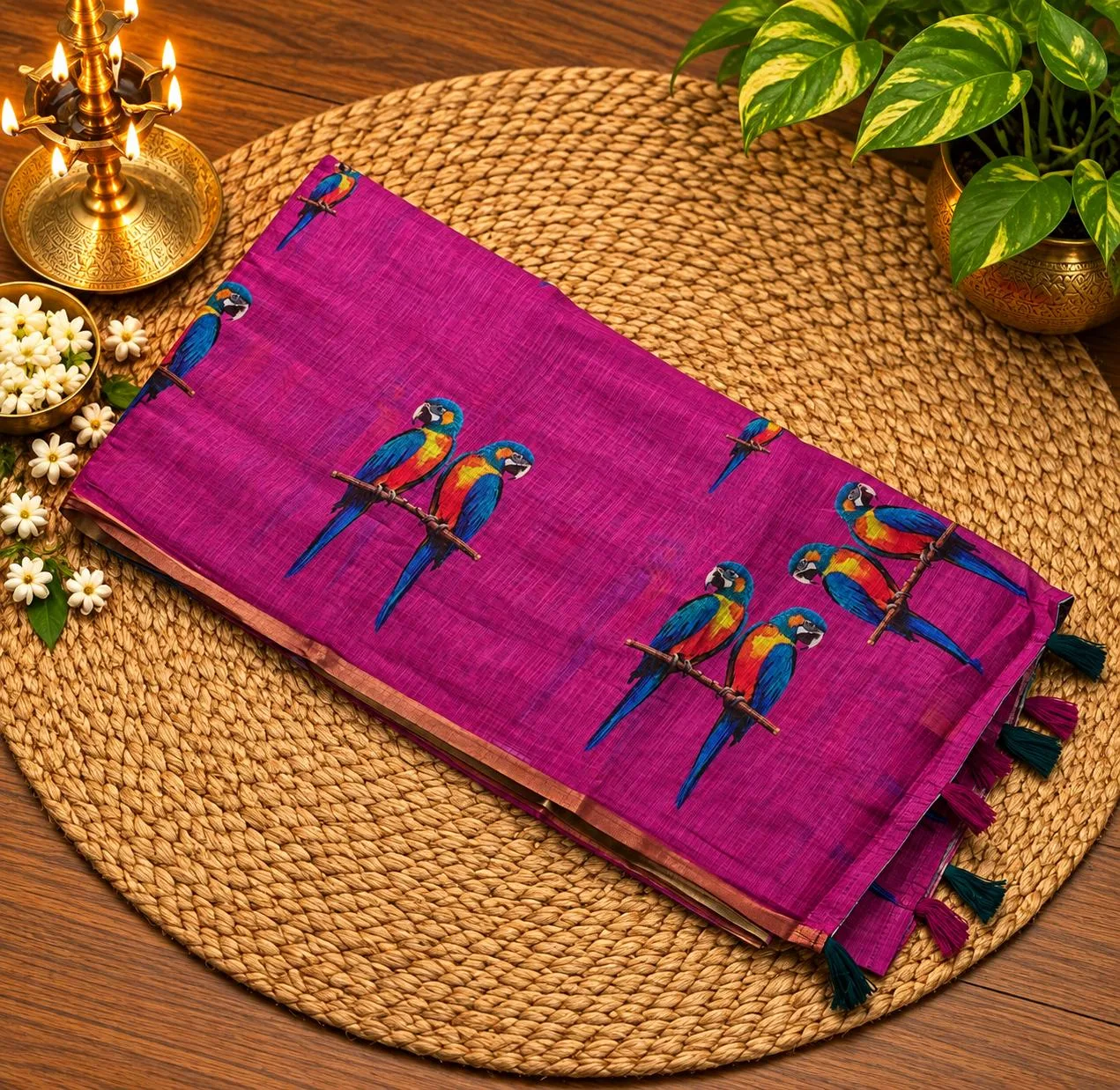 Linen Cotton Sarees - Linen (Parrot) - Magenta Pink