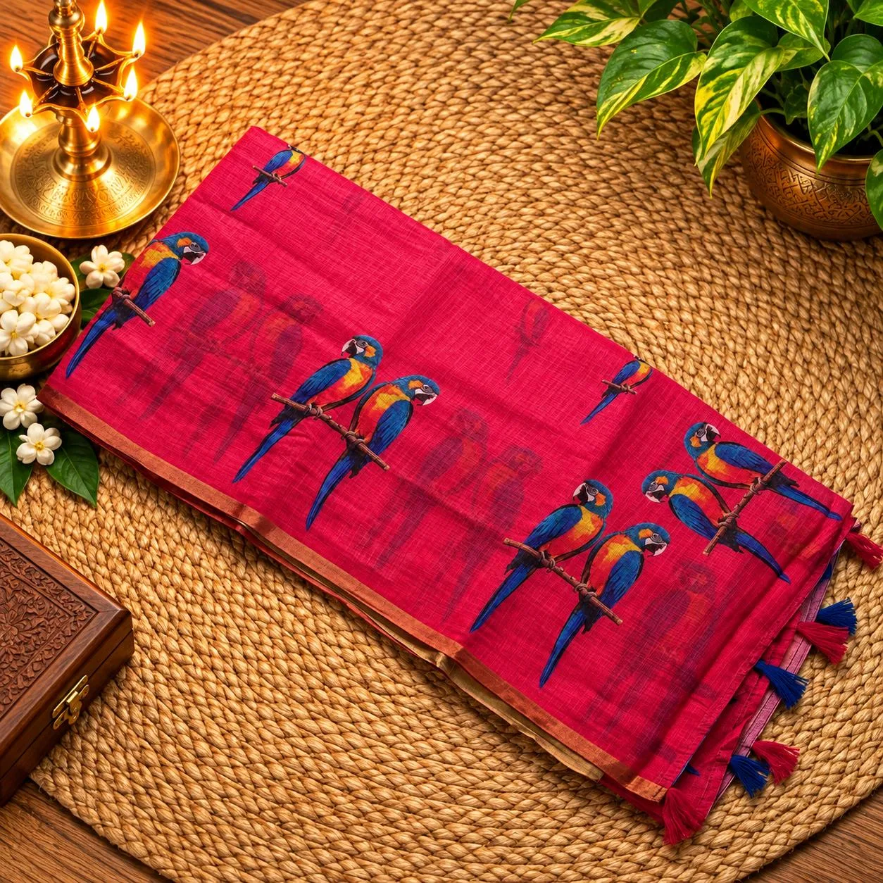 Linen Cotton Sarees - Linen (Parrot) - Onion red