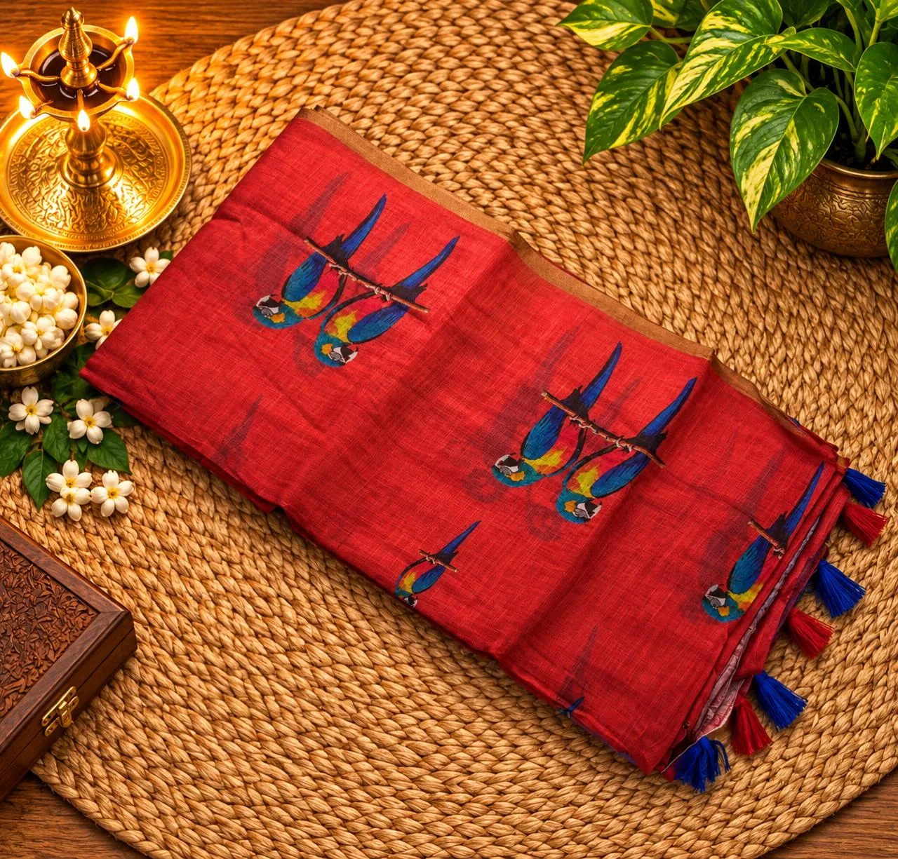 Linen Cotton Sarees - Linen (Parrot) - Orange