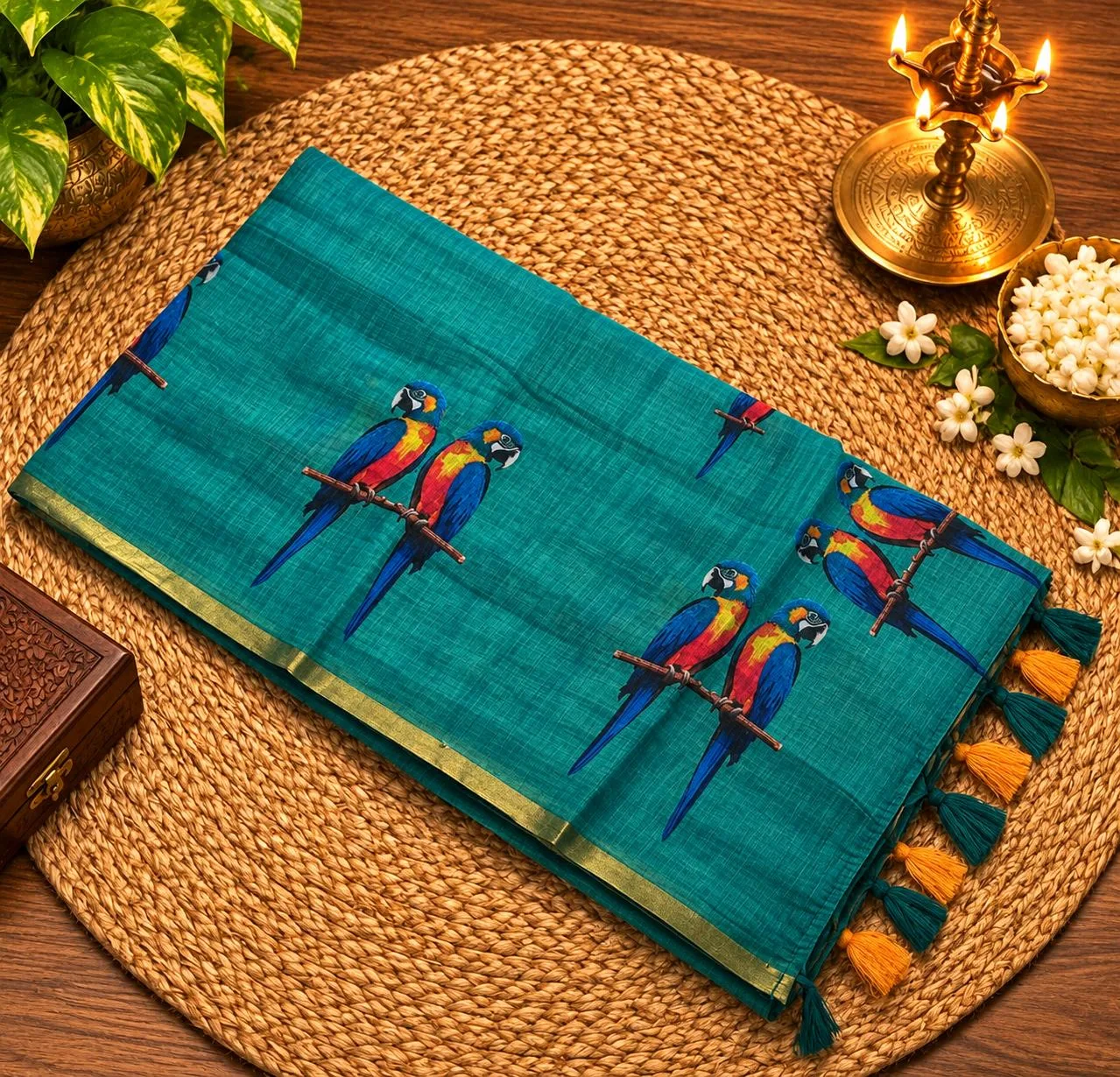 Linen Cotton Sarees - Linen (Parrot) - Silver green