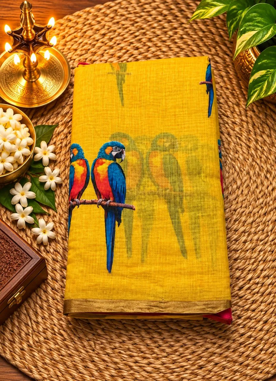 Linen Cotton Sarees - Linen (Parrot) - Yellow