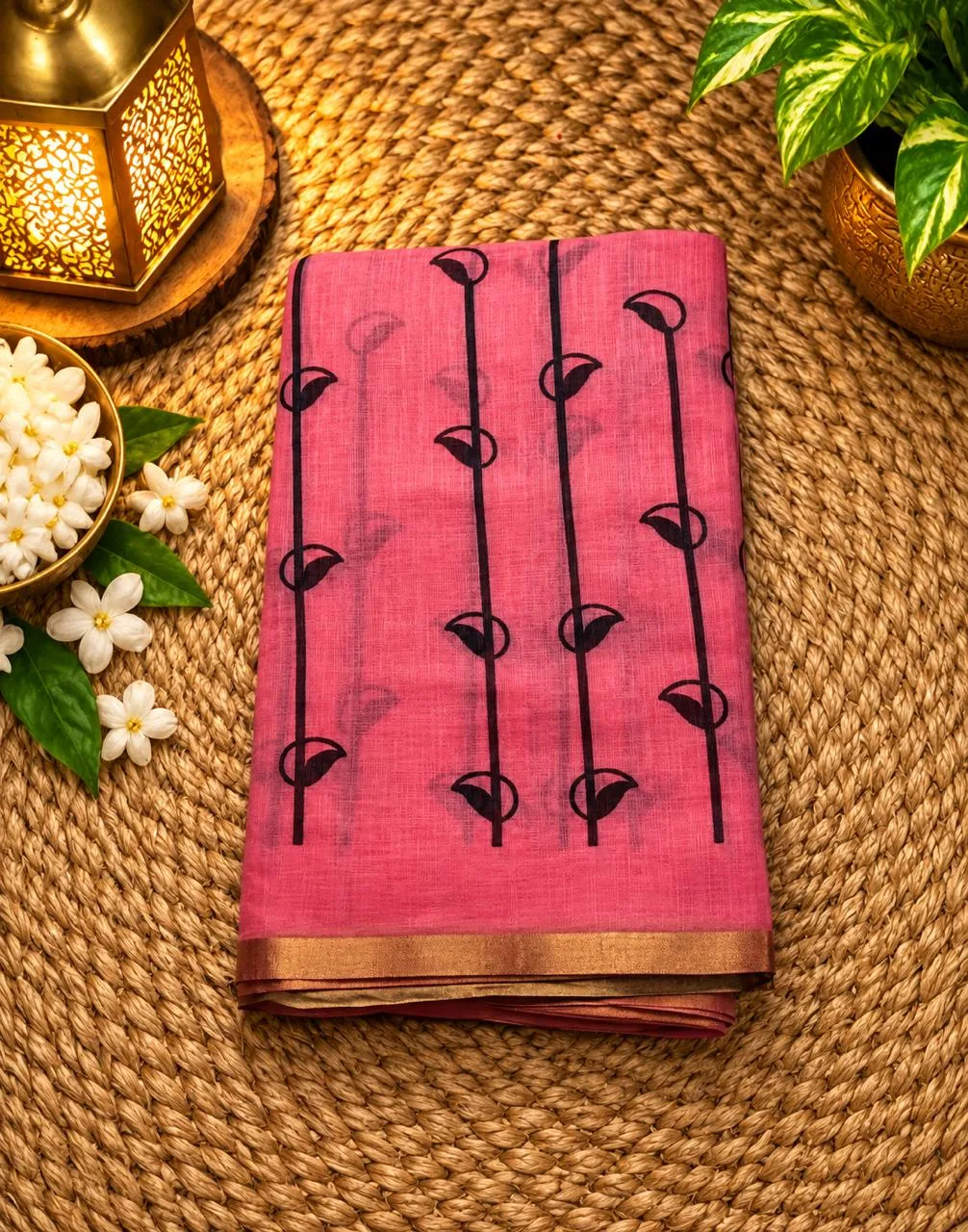 Linen Cotton Sarees - Linen (Vine) - Baby pink