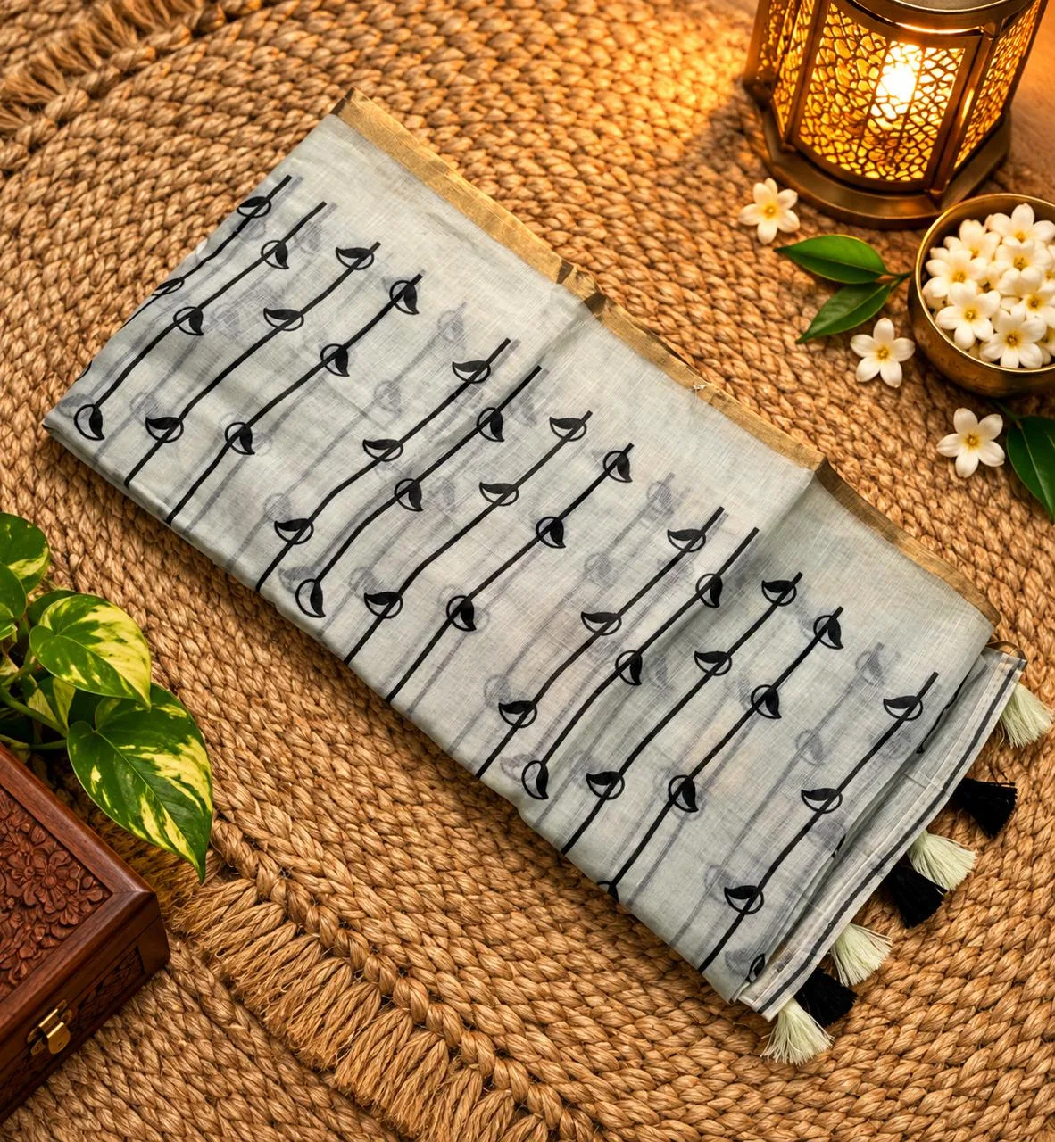 Linen Cotton Sarees - Linen (Vine) - Half white