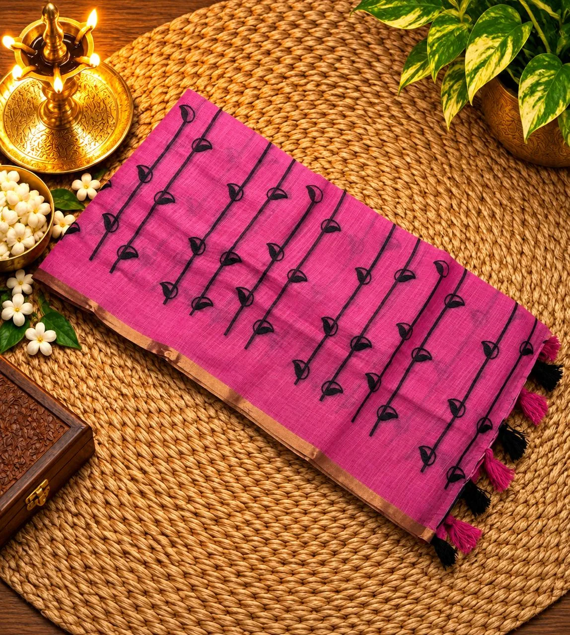 Linen Cotton Sarees - Linen (Vine) - Magenta Pink