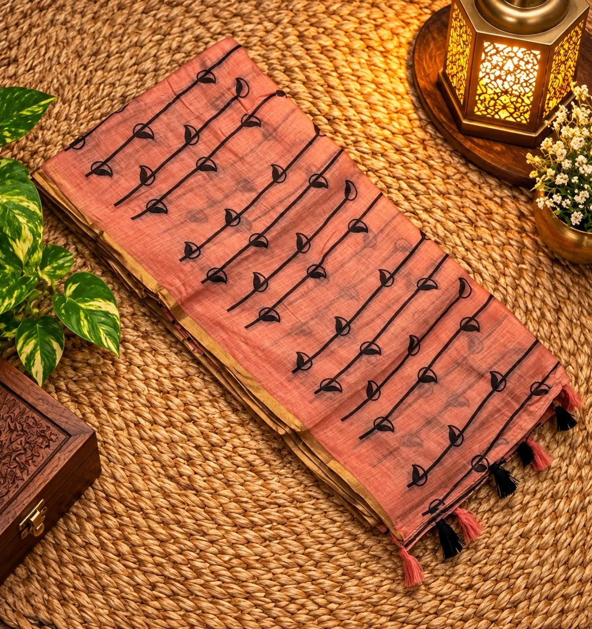 Linen Cotton Sarees - Linen (Vine) - Peach