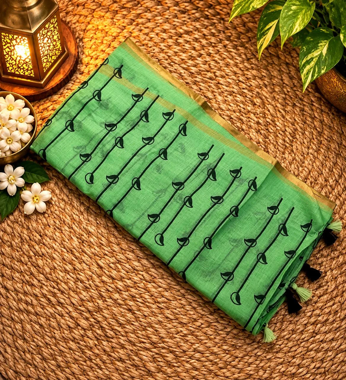 Linen Cotton Sarees - Linen (Vine) - Pista green