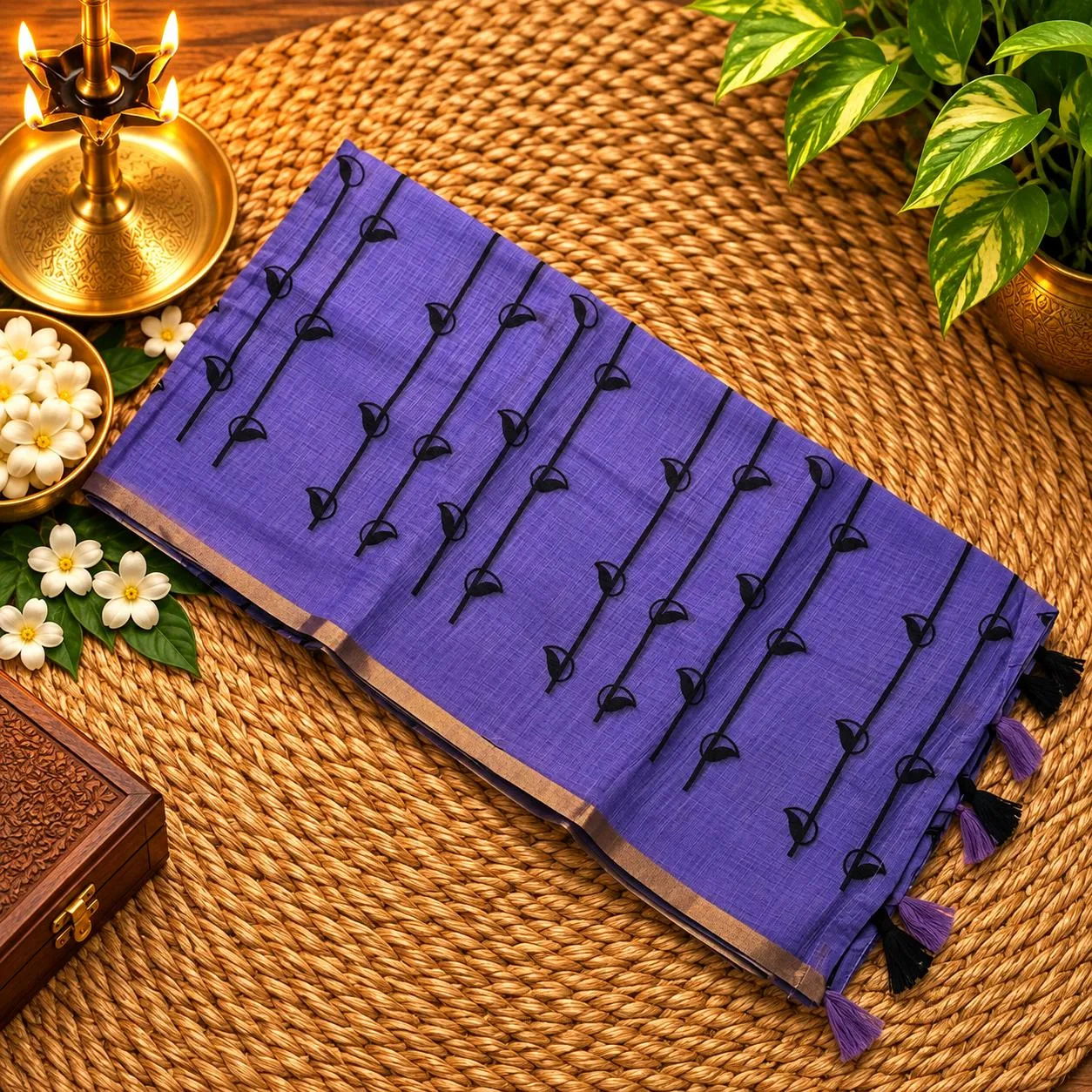 Linen Cotton Sarees - Linen (Vine) - Lavender