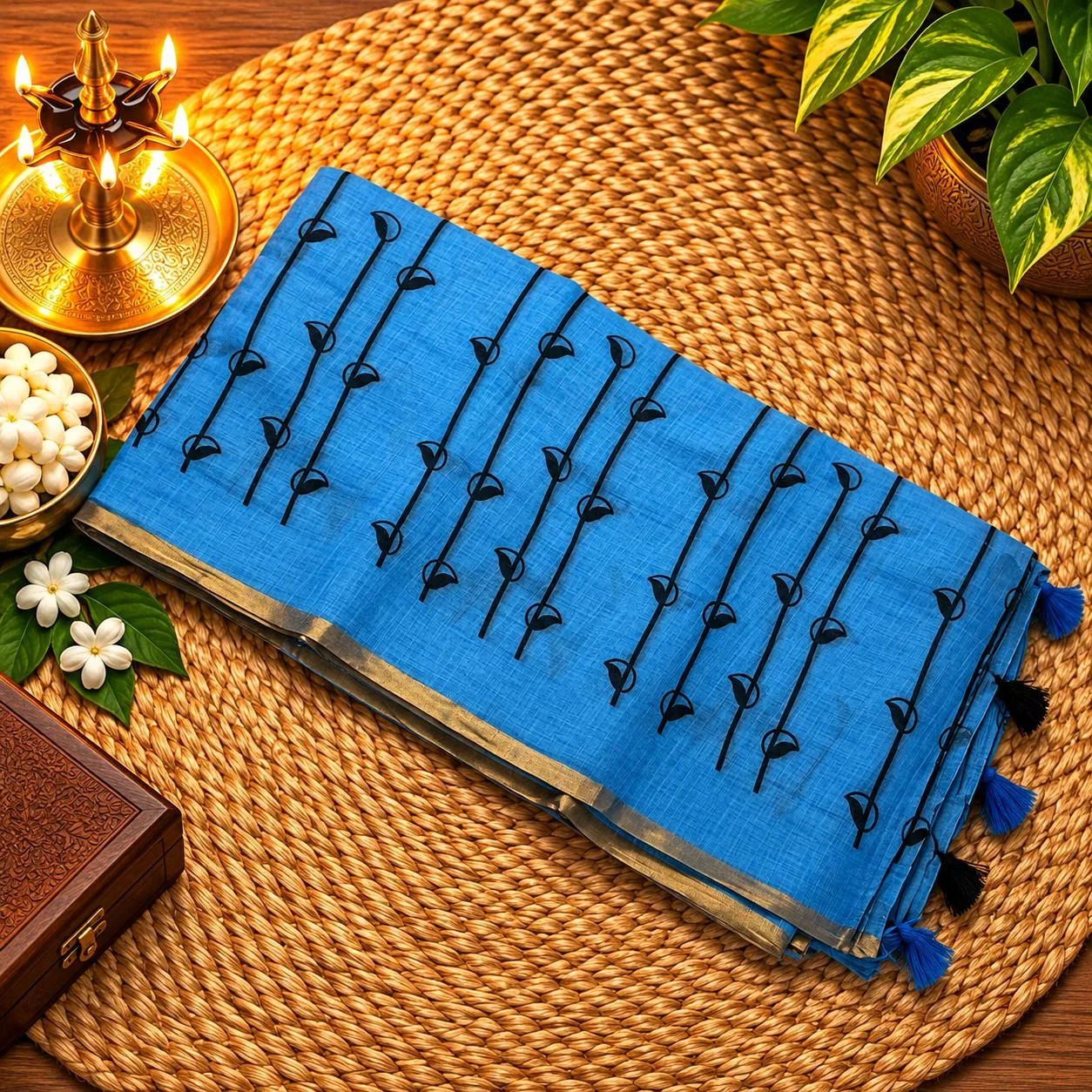 Linen Cotton Sarees - Linen (Vine) - Blue