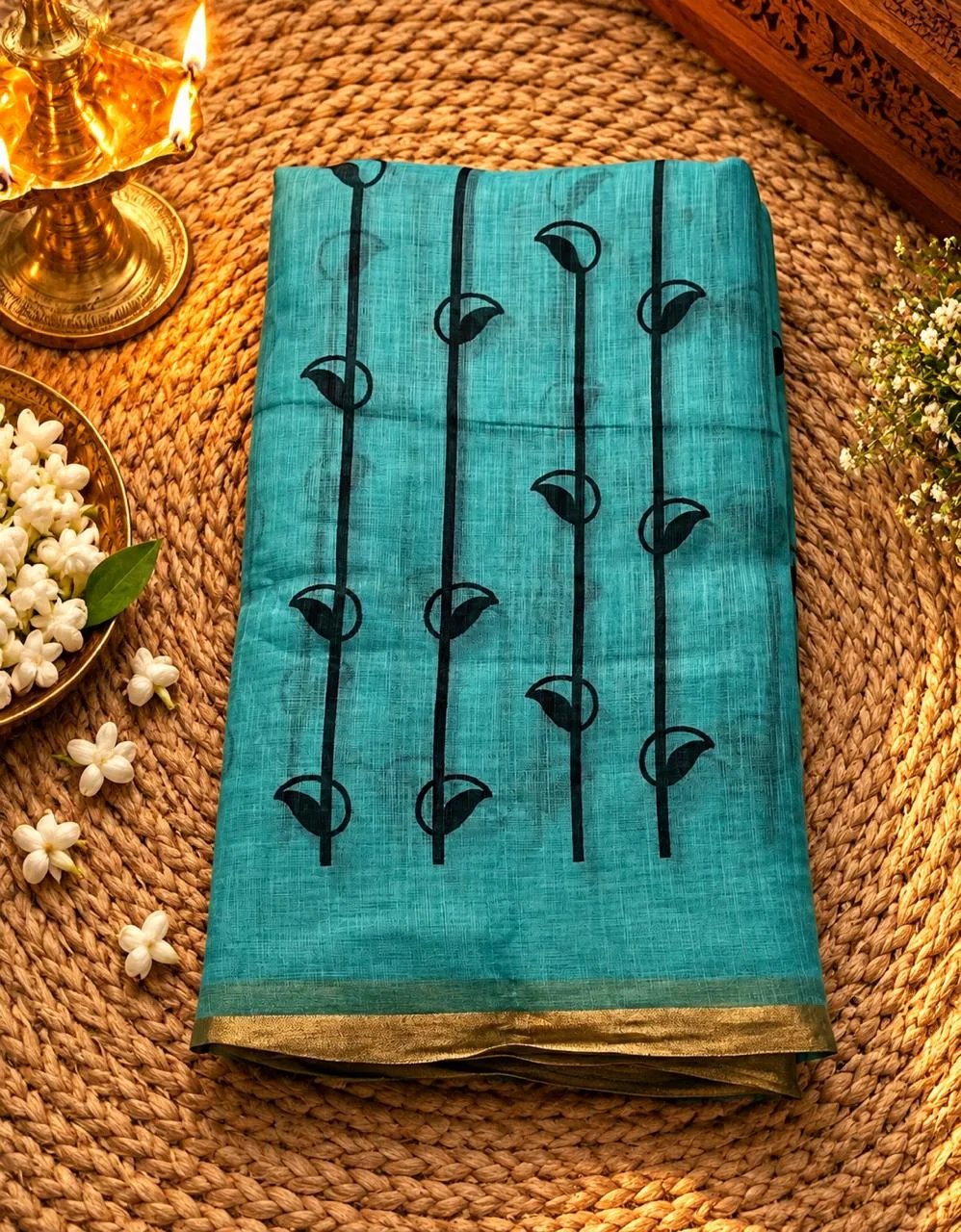 Linen Cotton Sarees - Linen (Vine) - Sky blue
