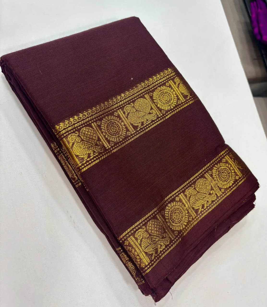 kanchi cotton saree with Running Blouse - Kanchi cotton -Coffee brown - Coin and Peacock border(Small Border)