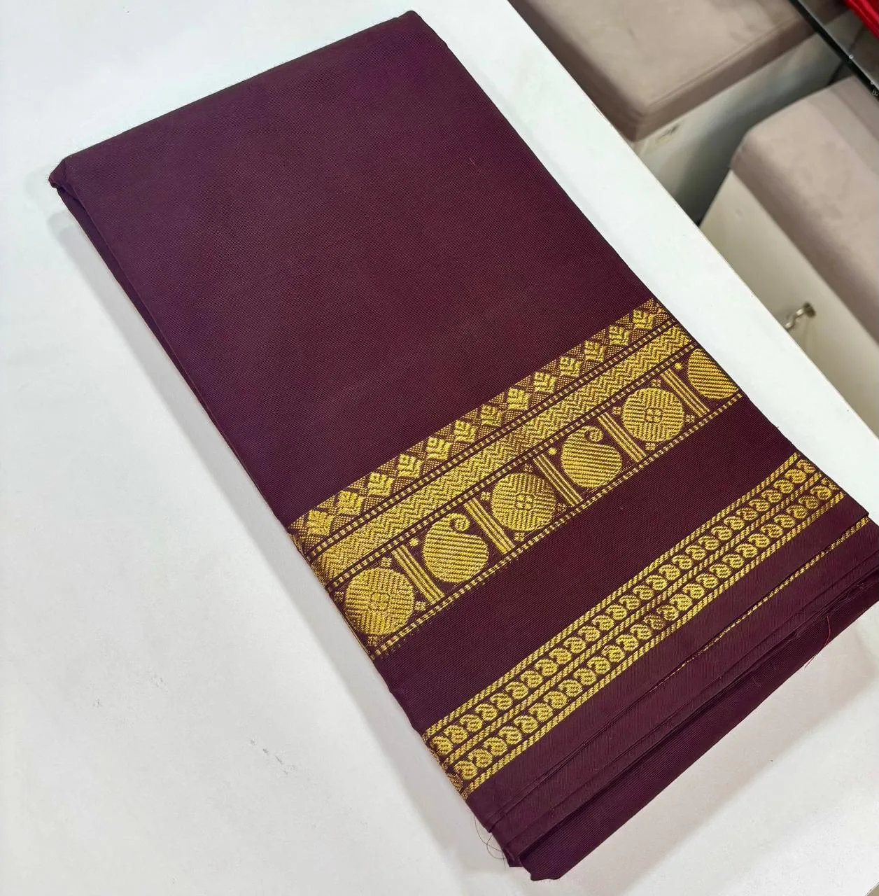 kanchi cotton saree with Running Blouse - Kanchi cotton -Coffee brown - Mango border(Small Border)