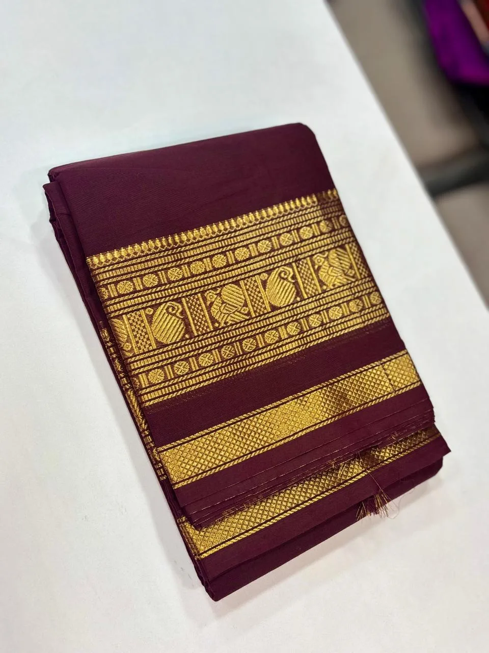 kanchi cotton saree with Running Blouse - Kanchi cotton -Coffee brown - Mango and Peacock border(Small Border)