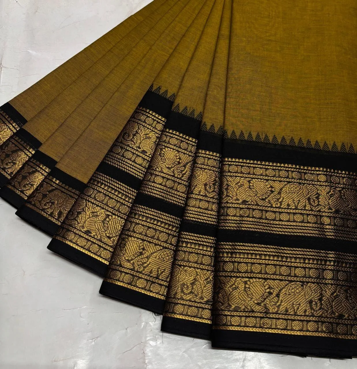 kanchi cotton saree with Running Blouse - Kanchi cotton -Mustard yellow with black
