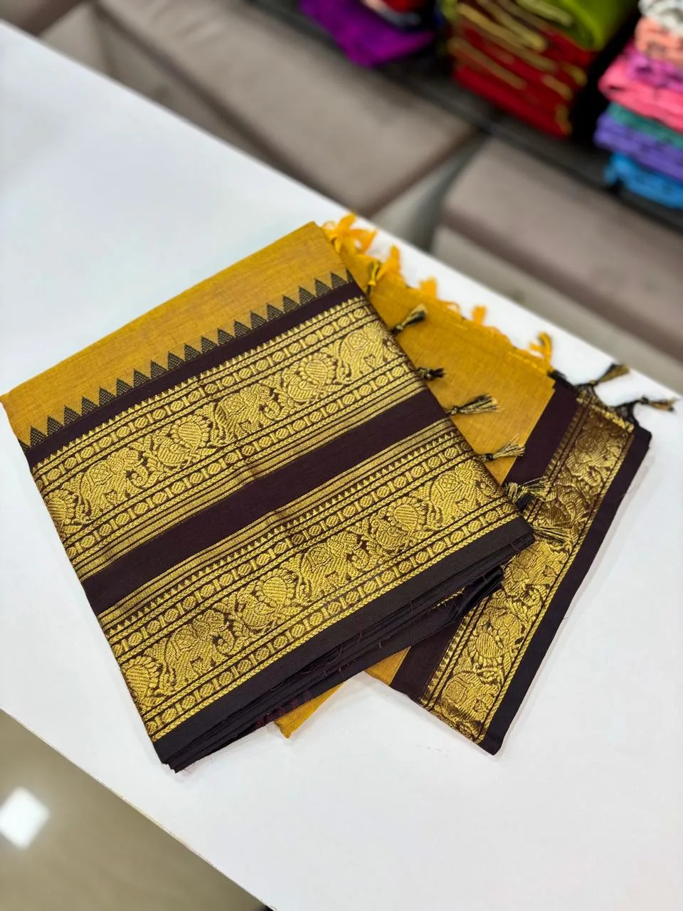 kanchi cotton saree with Running Blouse - Kanchi cotton -Mustard yellow with Maroon