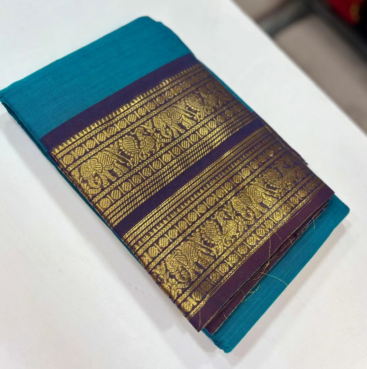 kanchi cotton saree with Running Blouse - Kanchi cotton -Blue with Brown