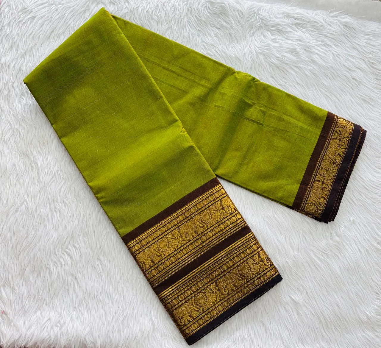 kanchi cotton saree with Running Blouse - Kanchi cotton -Mustard yellow with green