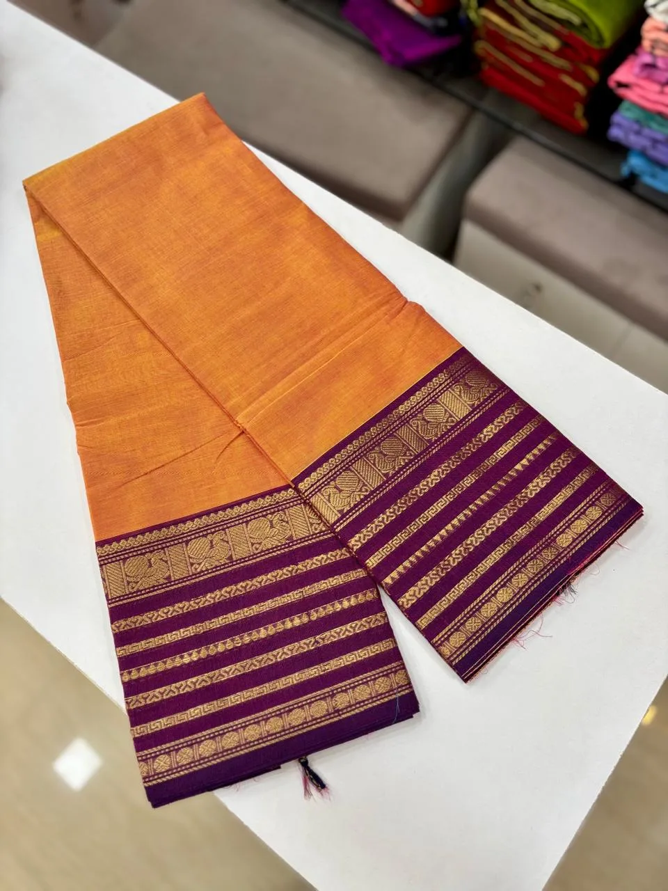 kanchi cotton saree with Running Blouse - Kanchi cotton -Light Orange with purple