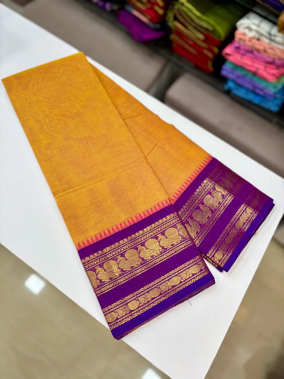 kanchi cotton saree with Running Blouse - Kanchi cotton -Yellow with purple