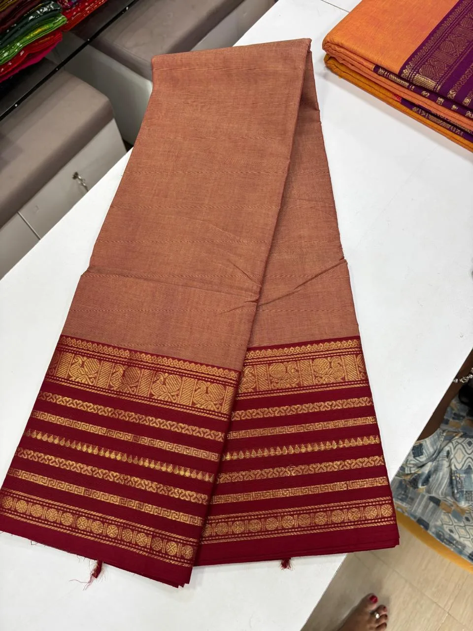 kanchi cotton saree with Running Blouse - Kanchi cotton -Onion pink with Red