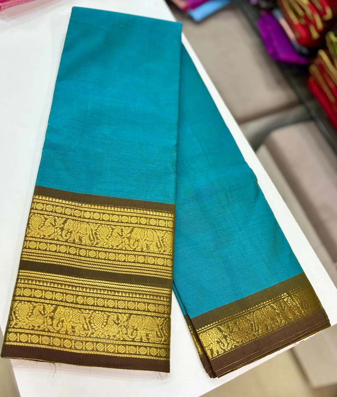 kanchi cotton saree with Running Blouse - Kanchi cotton -Peacock blue with Mehandi green