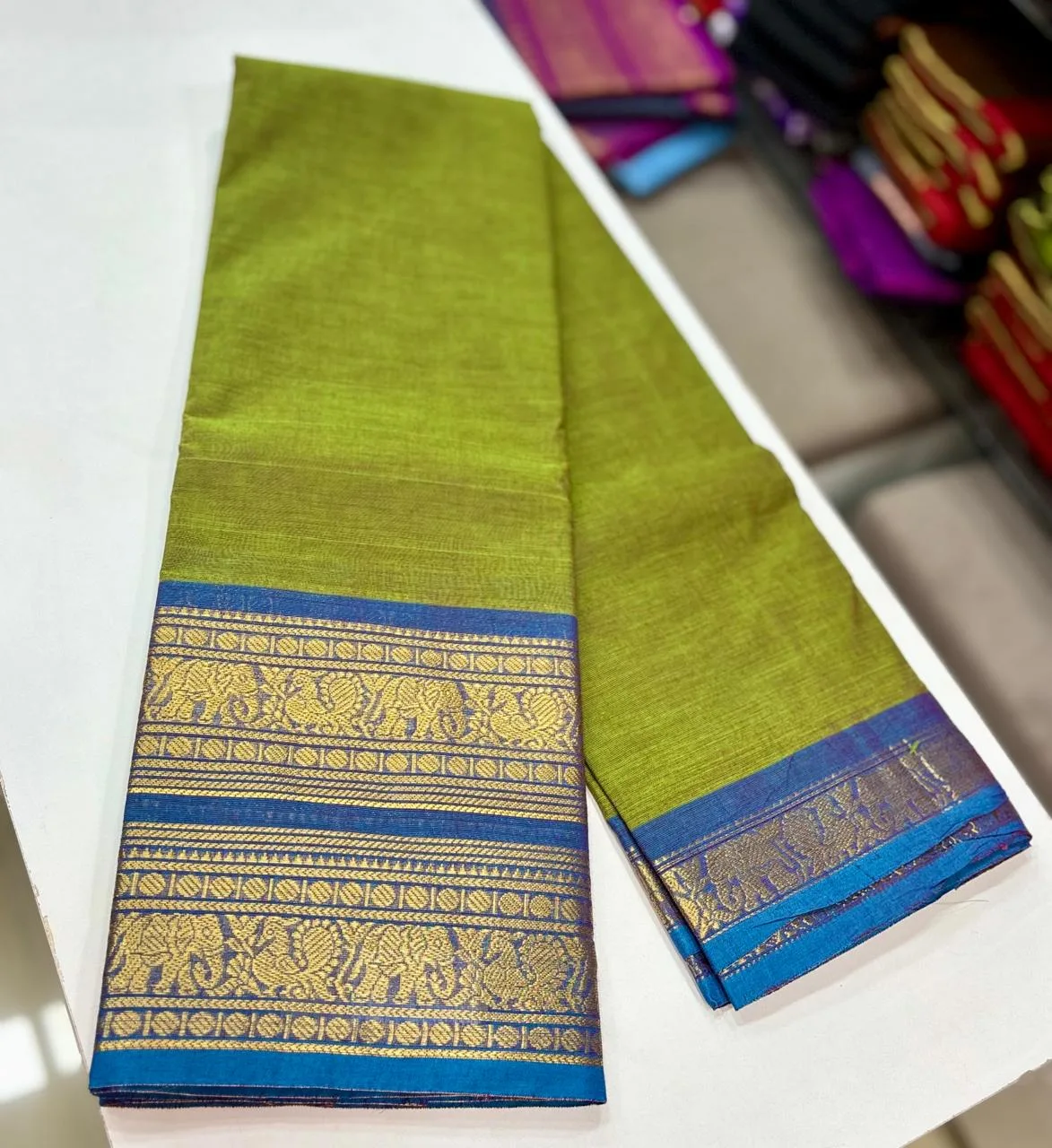 kanchi cotton saree with Running Blouse - Kanchi cotton -Mehandi green with Copper blue