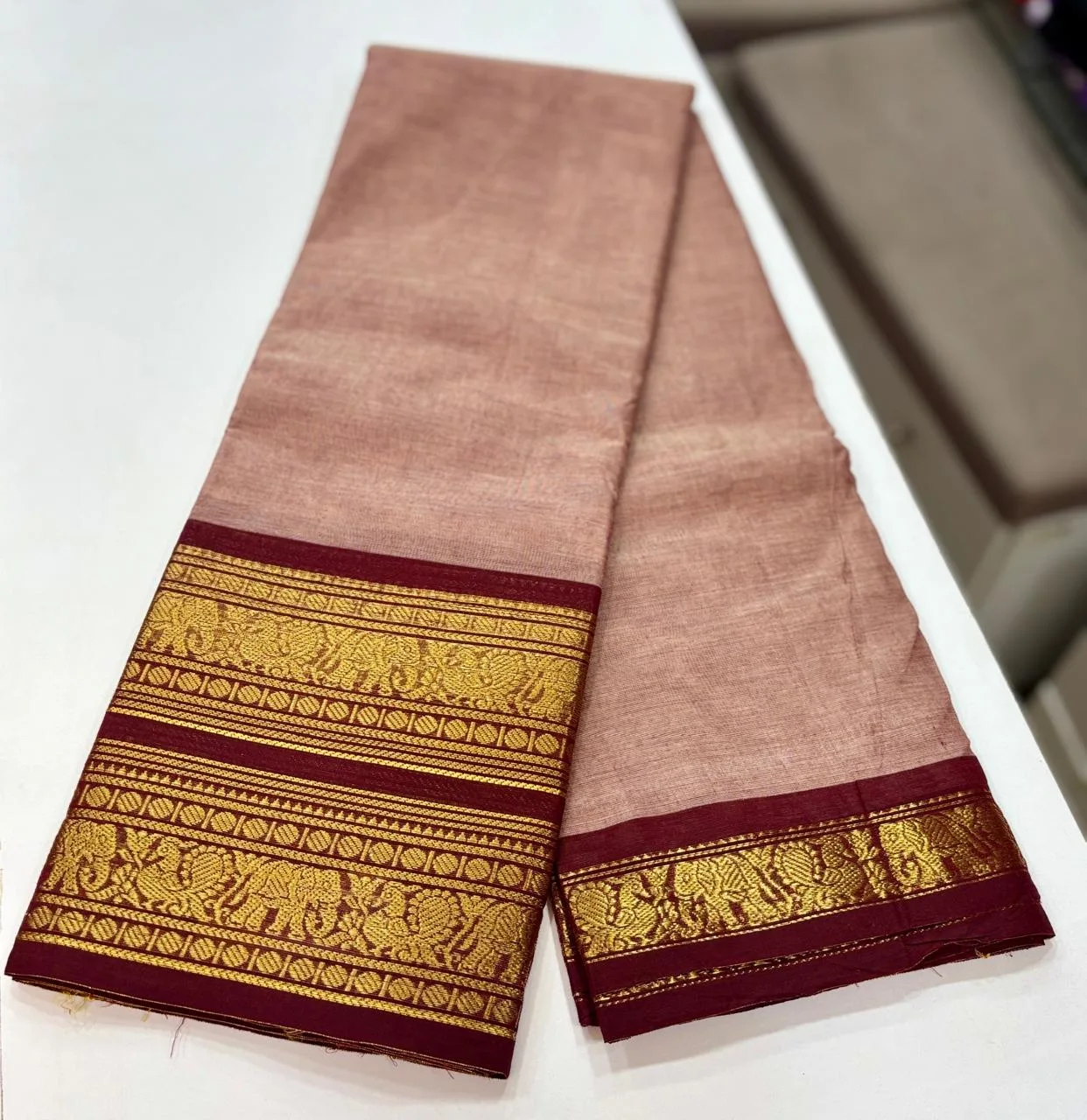 kanchi cotton saree with Running Blouse - Kanchi cotton -Onion with Maroon(Elephant)