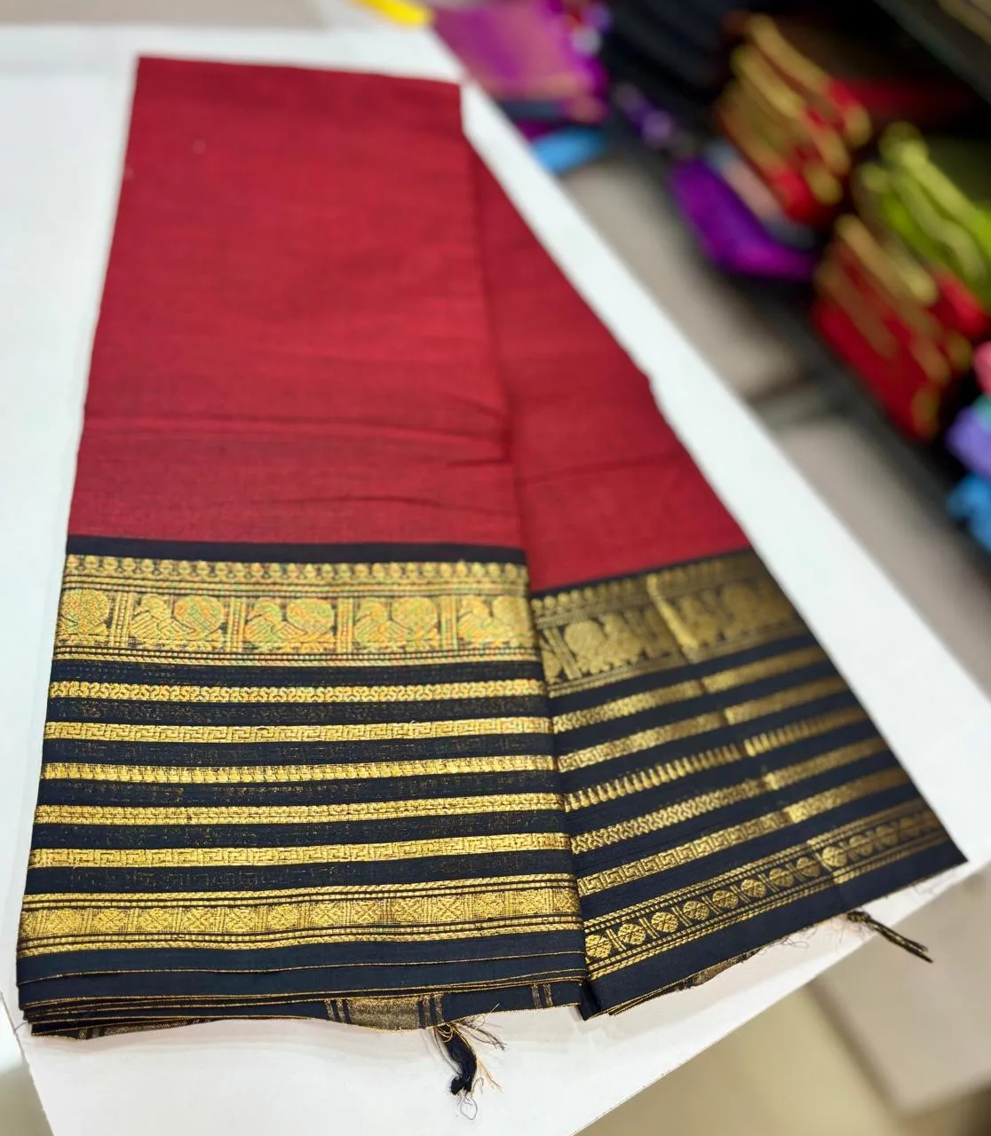 kanchi cotton saree with Running Blouse - Kanchi cotton -Red with black