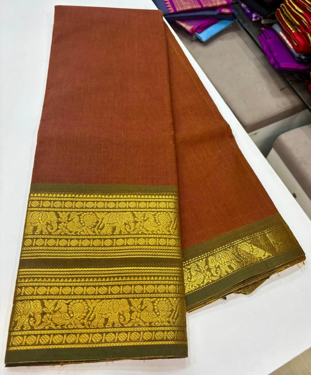 kanchi cotton saree with Running Blouse - Kanchi cotton -Brown with Mehandi green