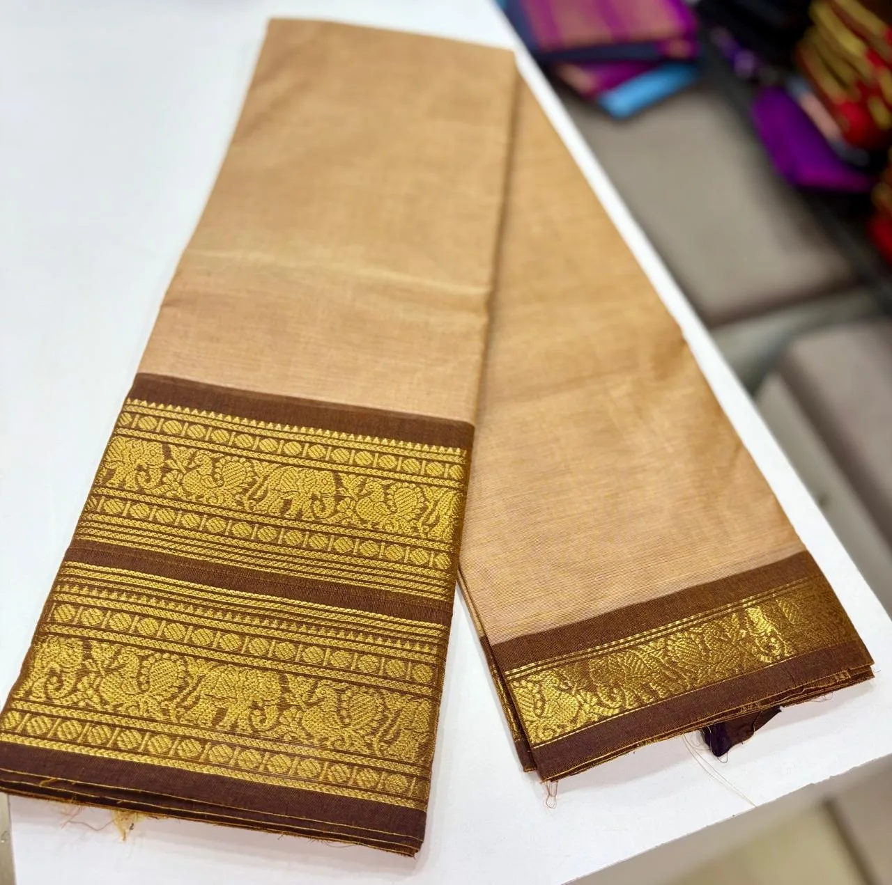kanchi cotton saree with Running Blouse - Kanchi cotton -Biscuit with brown