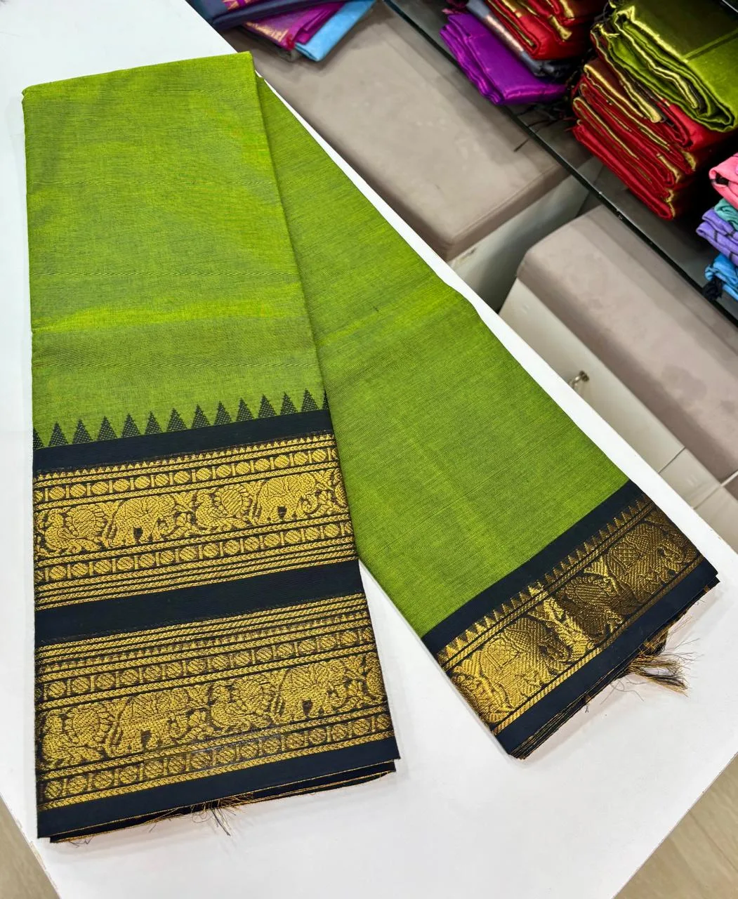 kanchi cotton saree with Running Blouse - Kanchi cotton -Mehandi green with black