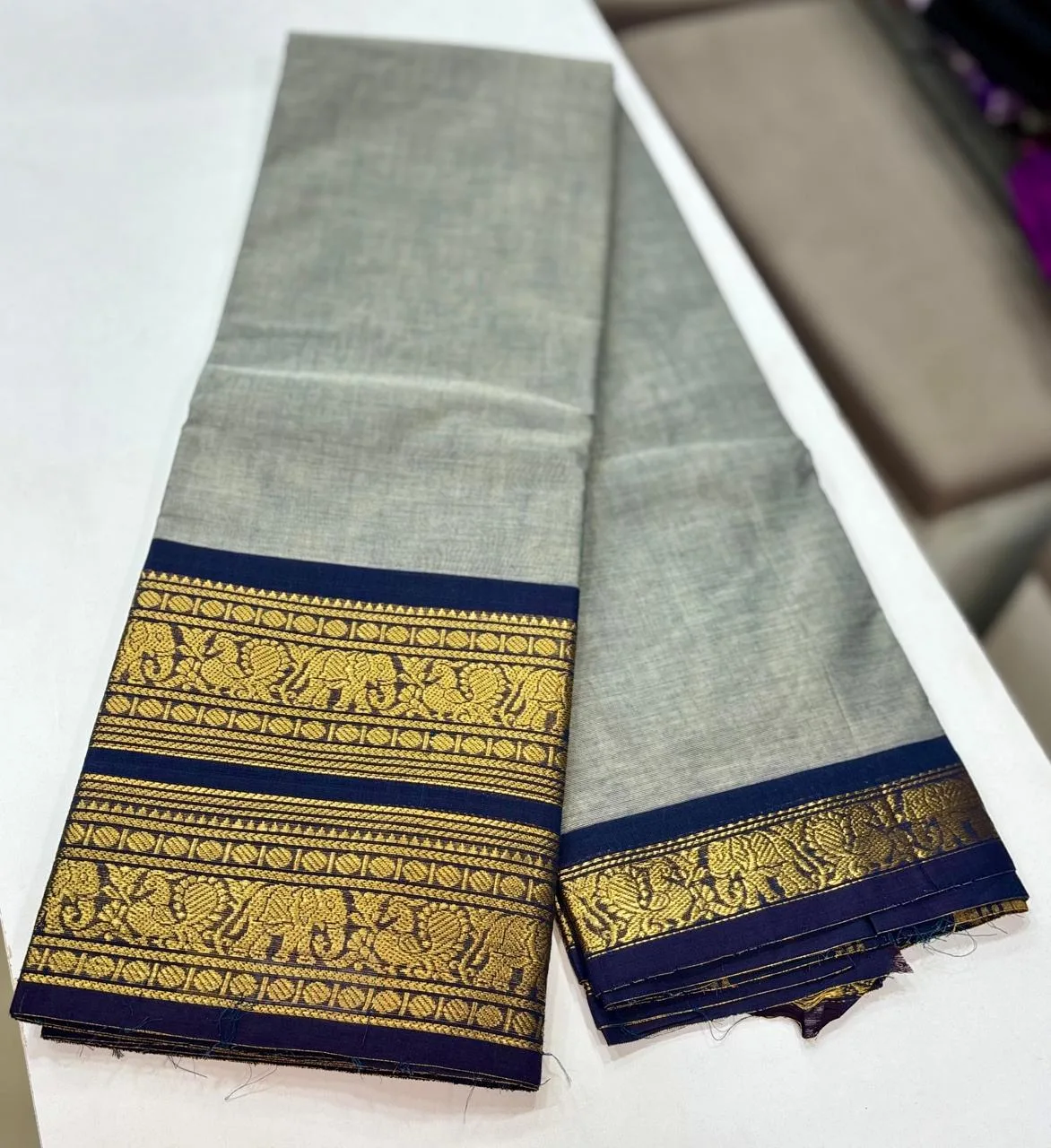 kanchi cotton saree with Running Blouse - Kanchi cotton -Ash with blue