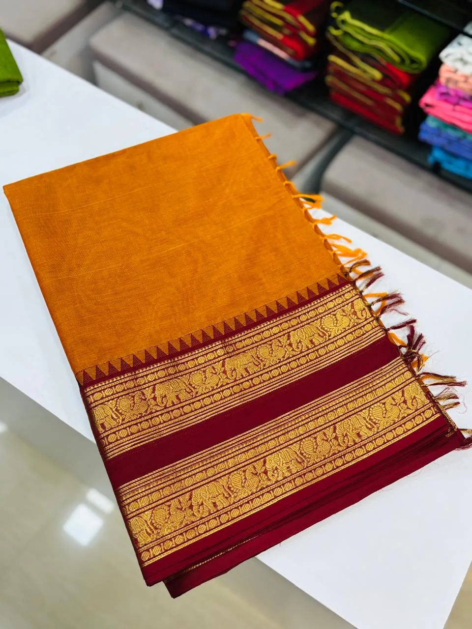 kanchi cotton saree with Running Blouse - Kanchi cotton -Orange with red