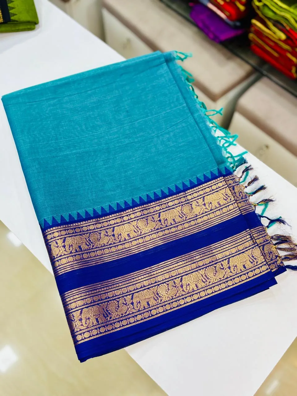 kanchi cotton saree with Running Blouse - Kanchi cotton -Peacock blue with violet